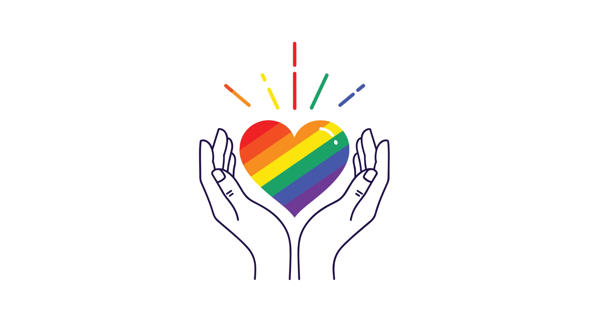 Line art illustration of two hands holding a rainbow-colored heart, a symbol of LGBTQ pride, love, and community support.